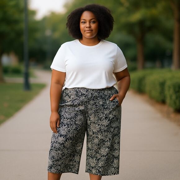 Jones New York & Co Wide Leg Crop Pants Women1X Linen Blend Pull On Navy Floral - Picture 1 of 6